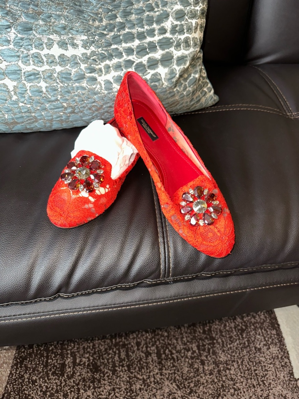 New!!Dolce and Gavbaba Embellished Red Lace Women's Flats Sz 40